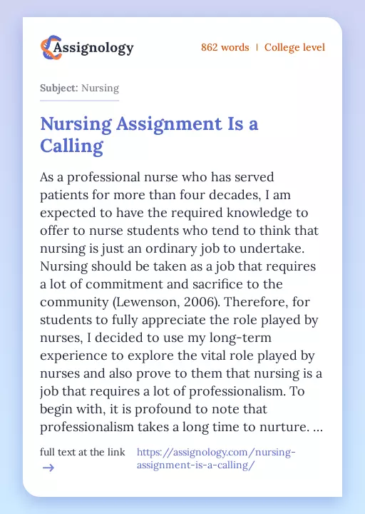 Nursing Assignment Is a Calling - Essay Preview
