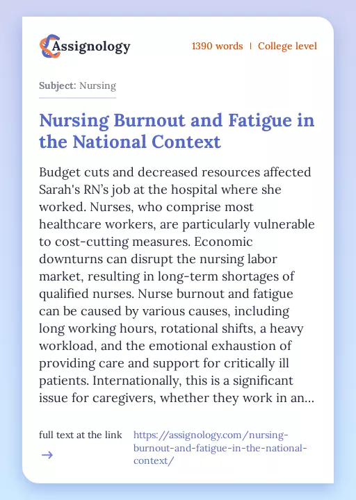 Nursing Burnout and Fatigue in the National Context - Essay Preview
