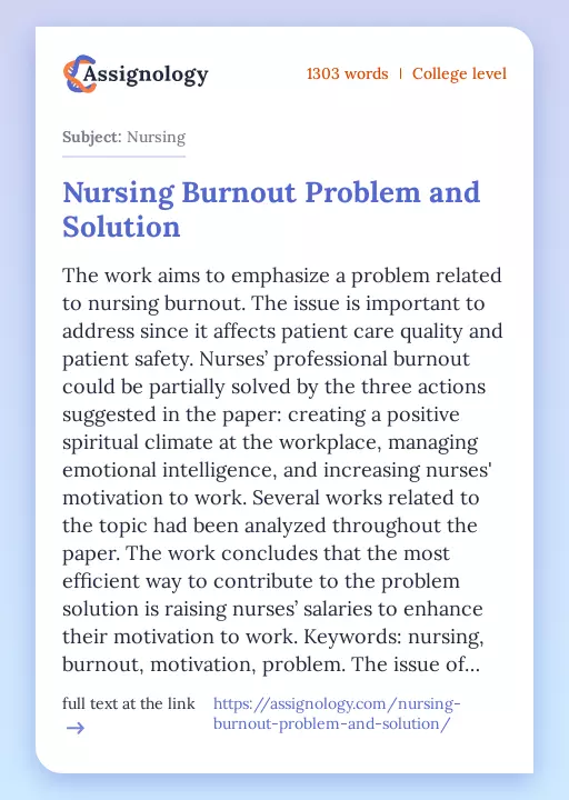 Nursing Burnout Problem and Solution - Essay Preview