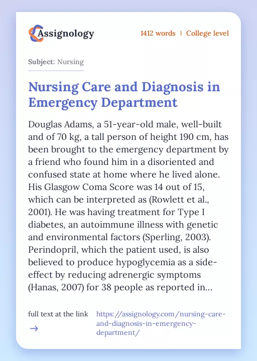 Nursing Care and Diagnosis in Emergency Department - Essay Preview