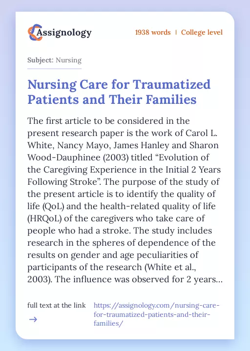 Nursing Care for Traumatized Patients and Their Families - Essay Preview