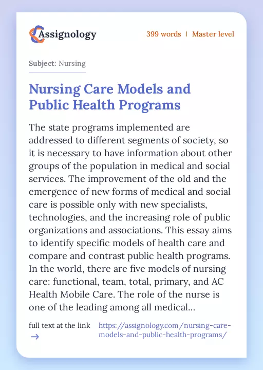 Nursing Care Models and Public Health Programs - Essay Preview