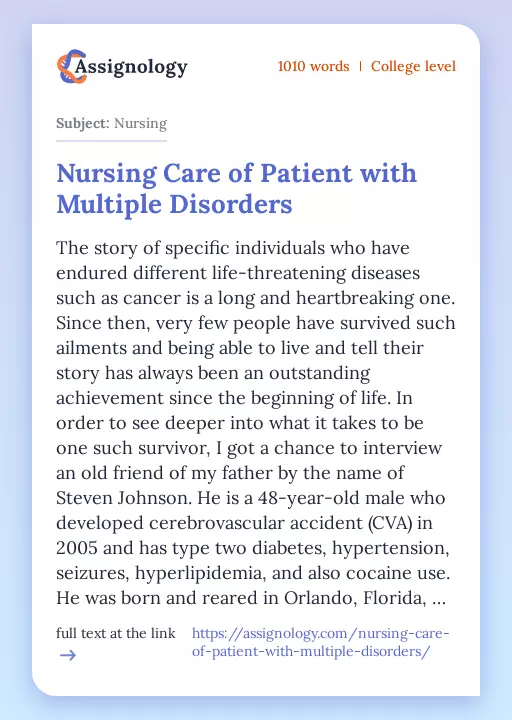 Nursing Care of Patient with Multiple Disorders - Essay Preview