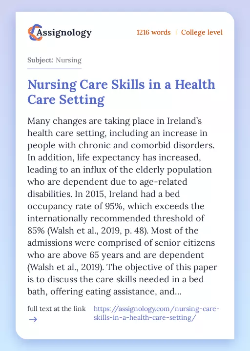 Nursing Care Skills in a Health Care Setting - Essay Preview