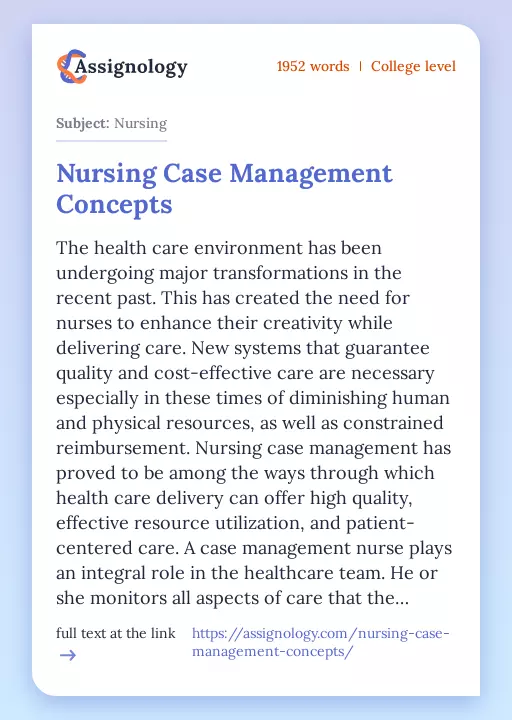Nursing Case Management Concepts - Essay Preview