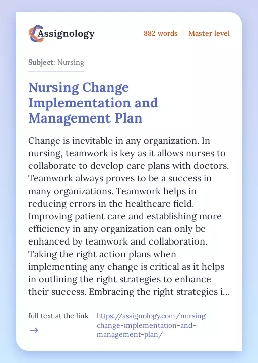 Nursing Change Implementation and Management Plan - Essay Preview