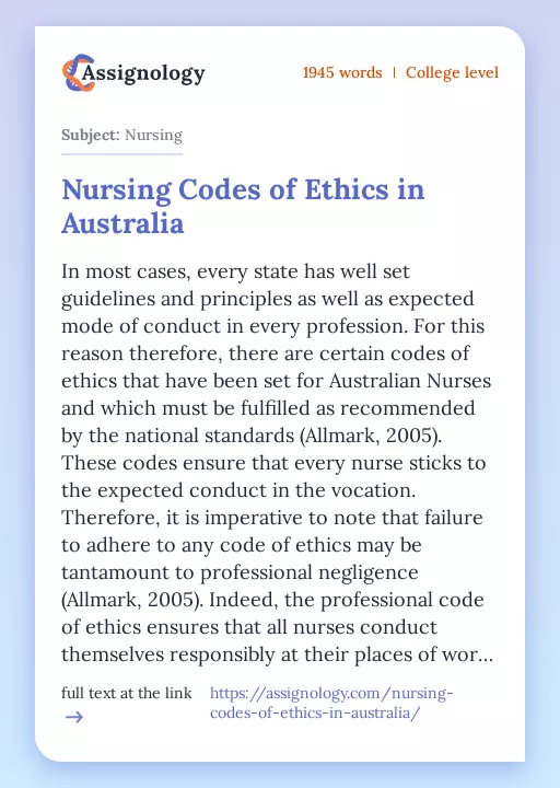 Nursing Codes of Ethics in Australia - Essay Preview