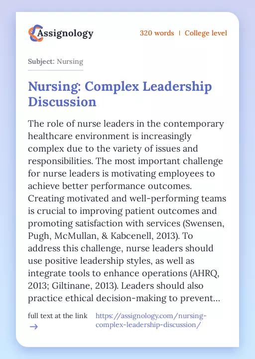 Nursing: Complex Leadership Discussion - Essay Preview