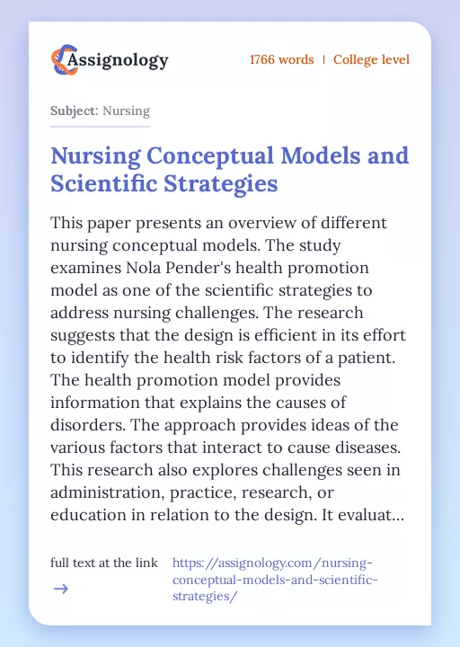 Nursing Conceptual Models and Scientific Strategies - Essay Preview