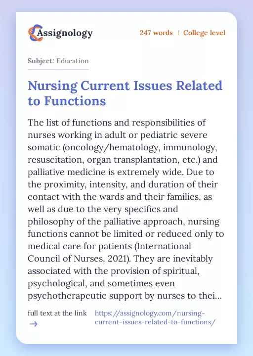 Nursing Current Issues Related to Functions - Essay Preview