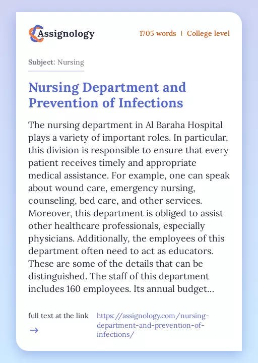 Nursing Department and Prevention of Infections - Essay Preview