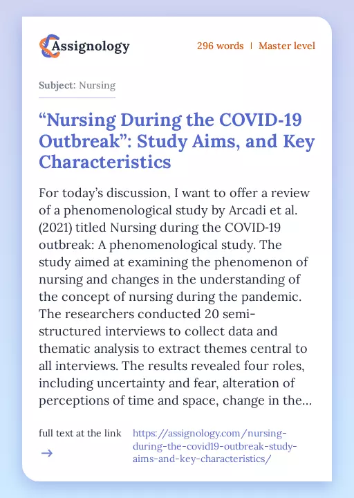 “Nursing During the COVID‐19 Outbreak”: Study Aims, and Key Characteristics - Essay Preview