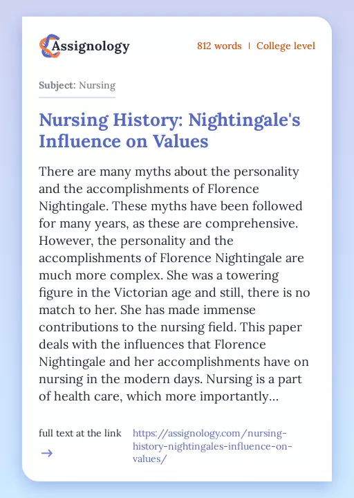 Nursing History: Nightingale's Influence on Values - Essay Preview