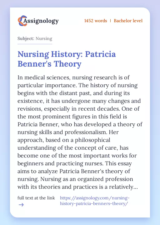 Nursing History: Patricia Benner's Theory - Essay Preview