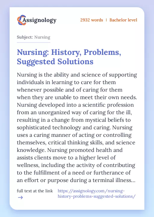Nursing: History, Problems, Suggested Solutions - Essay Preview