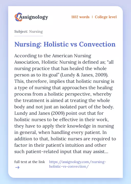 Nursing: Holistic vs Convection - Essay Preview