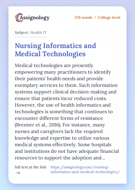 Nursing Informatics and Medical Technologies - Essay Preview