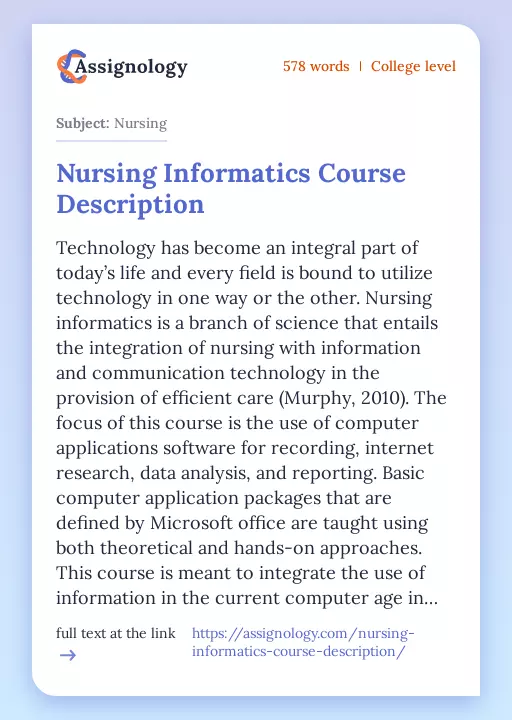 Nursing Informatics Course Description - Essay Preview