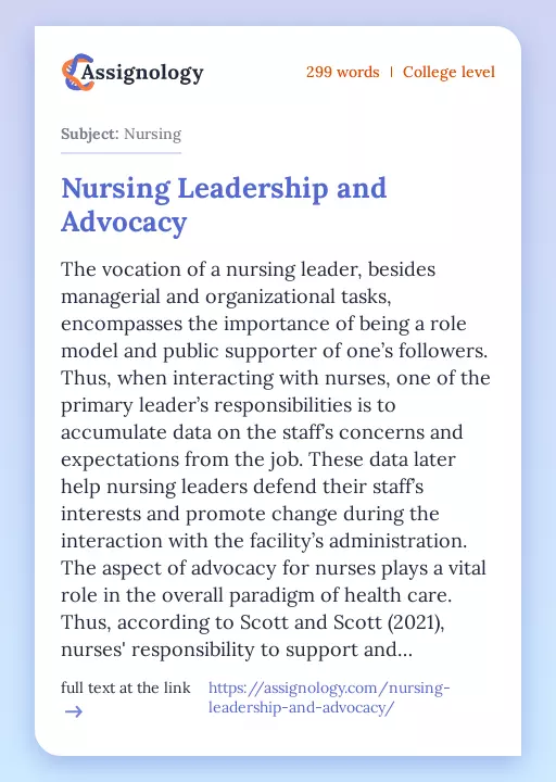 Nursing Leadership and Advocacy - Essay Preview