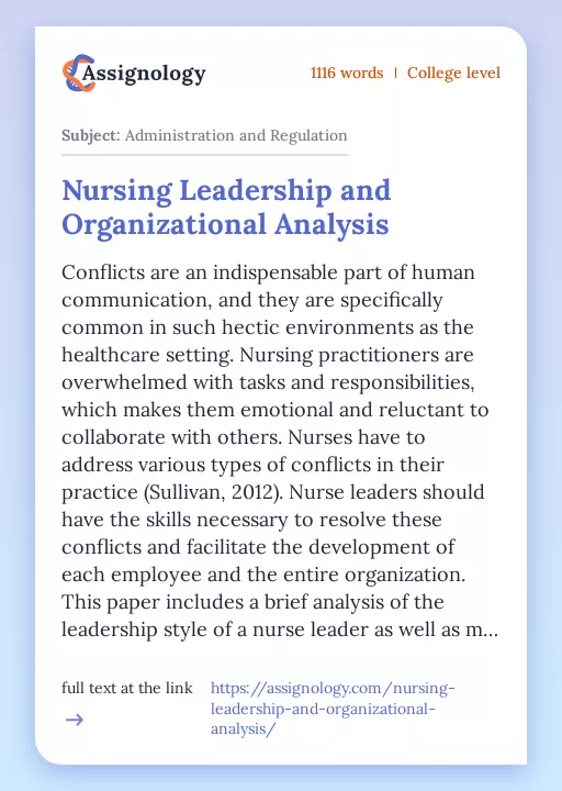 Nursing Leadership and Organizational Analysis - Essay Preview