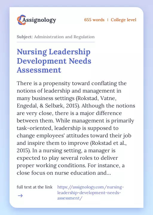 Nursing Leadership Development Needs Assessment - Essay Preview