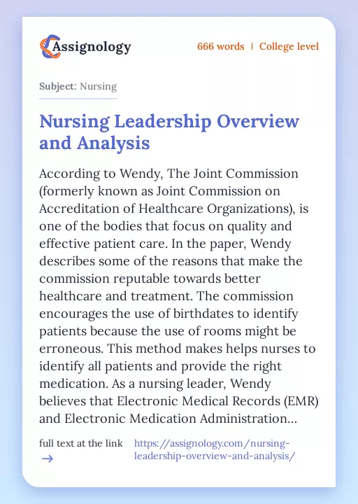 Nursing Leadership Overview and Analysis - Essay Preview