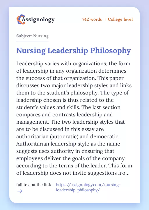 Nursing Leadership Philosophy - Essay Preview