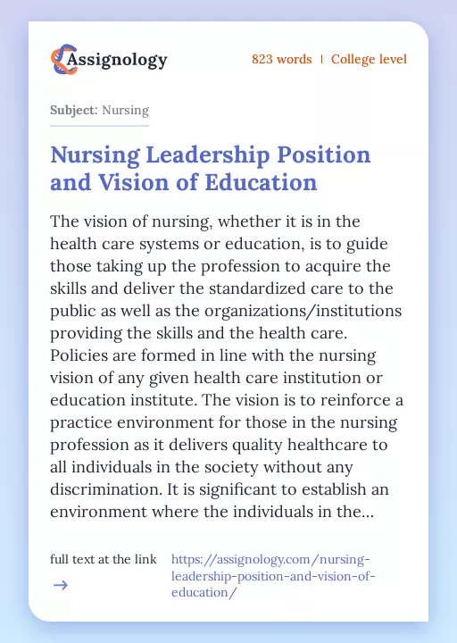 Nursing Leadership Position and Vision of Education - Essay Preview
