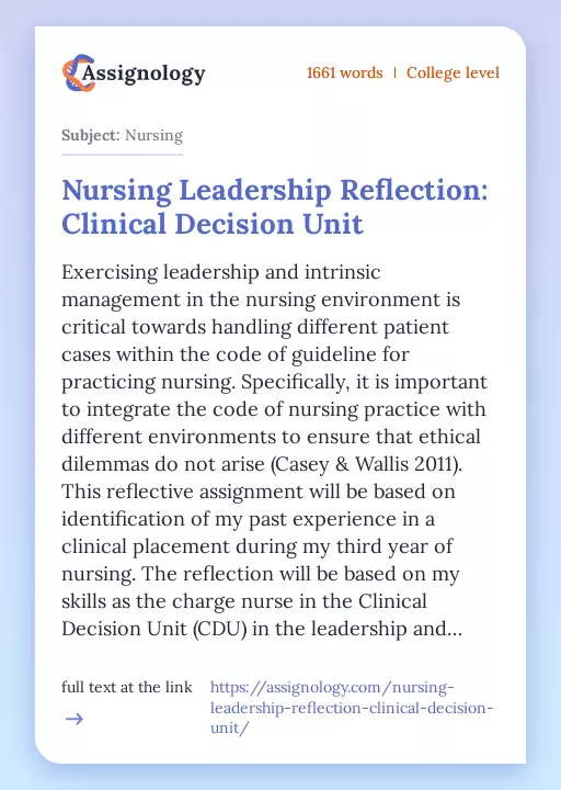 Nursing Leadership Reflection: Clinical Decision Unit - Essay Preview