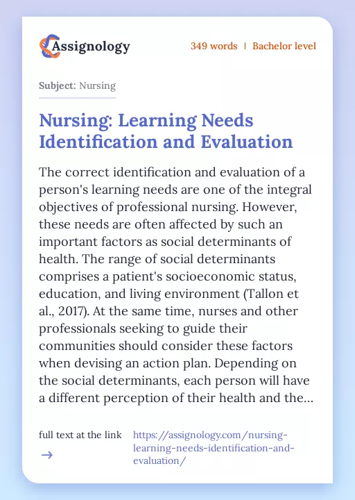 Nursing: Learning Needs Identification and Evaluation - Essay Preview