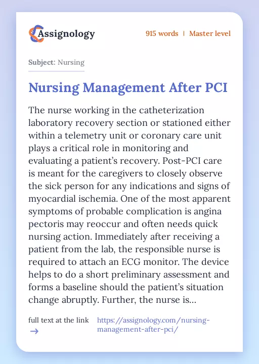 Nursing Management After PCI - Essay Preview