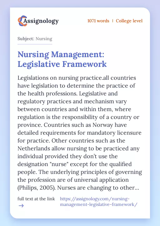 Nursing Management: Legislative Framework - Essay Preview