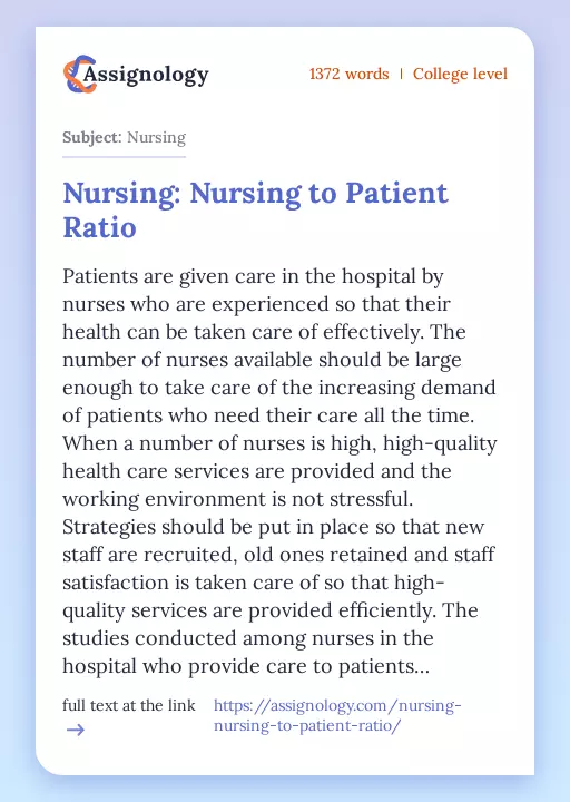 Nursing: Nursing to Patient Ratio - Essay Preview