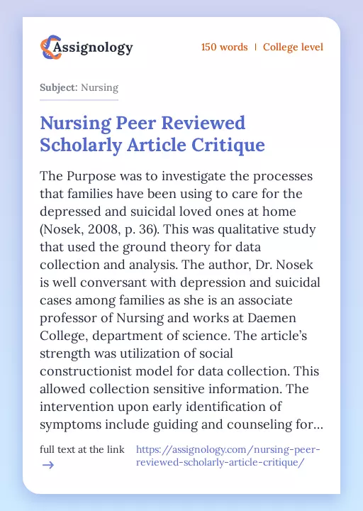 Nursing Peer Reviewed Scholarly Article Critique - Essay Preview