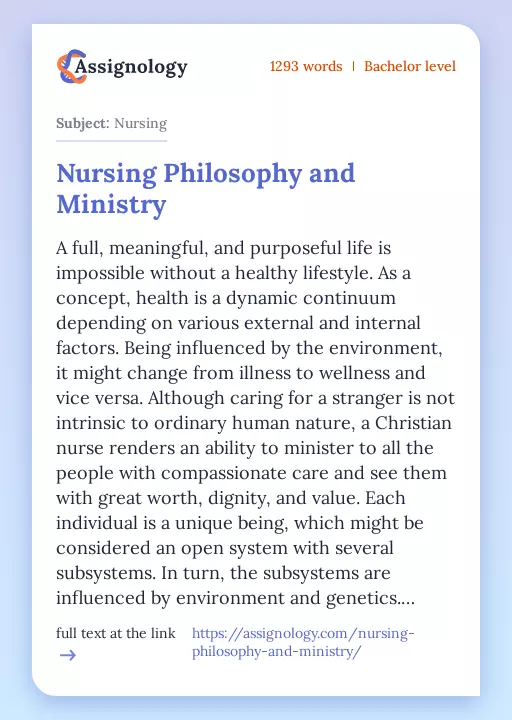 Nursing Philosophy and Ministry - Essay Preview