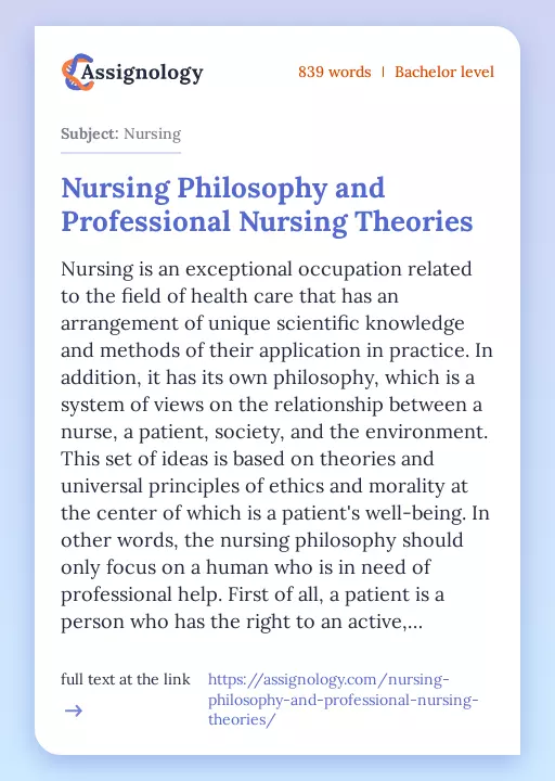 Nursing Philosophy and Professional Nursing Theories - Essay Preview