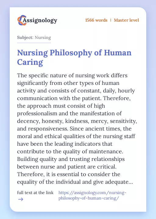 Nursing Philosophy of Human Caring - Essay Preview
