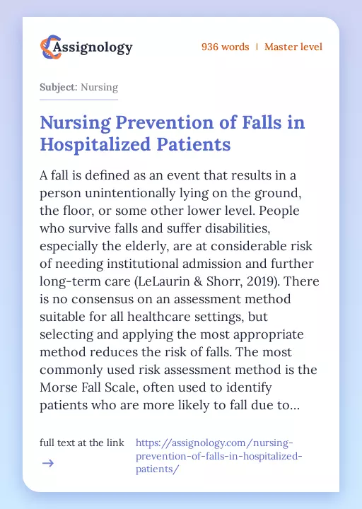 Nursing Prevention of Falls in Hospitalized Patients - Essay Preview