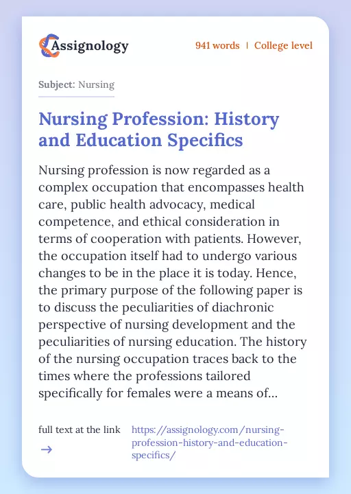 Nursing Profession: History and Education Specifics - Essay Preview