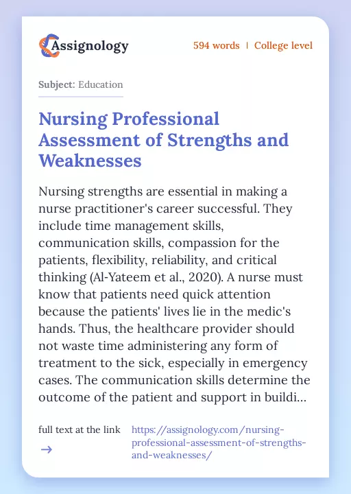 Nursing Professional Assessment of Strengths and Weaknesses - Essay Preview