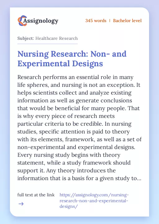 Nursing Research: Non- and Experimental Designs - Essay Preview