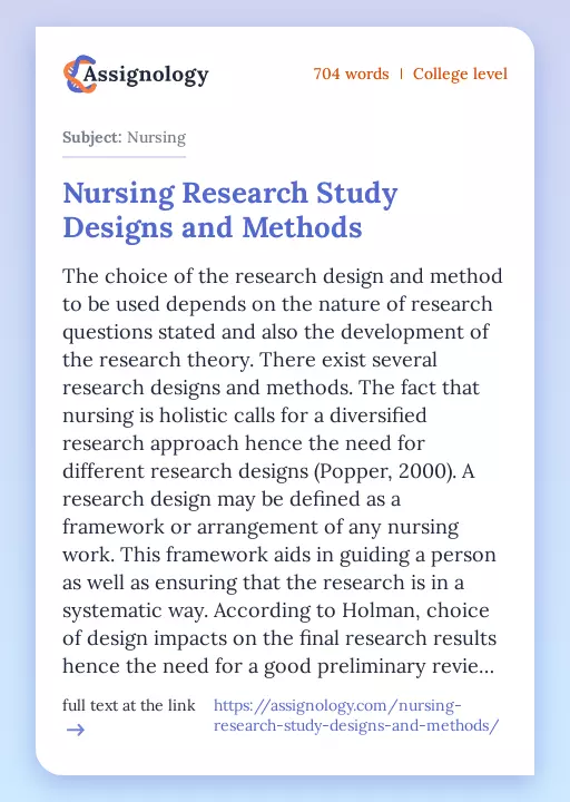 Nursing Research Study Designs and Methods - Essay Preview