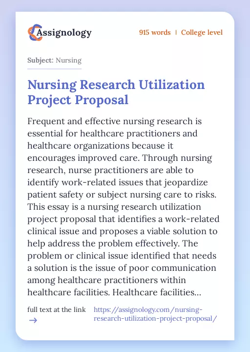 Nursing Research Utilization Project Proposal - Essay Preview