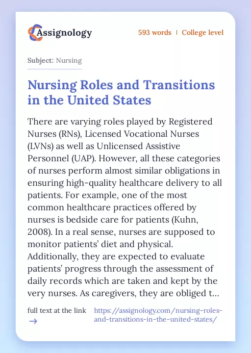 Nursing Roles and Transitions in the United States - Essay Preview