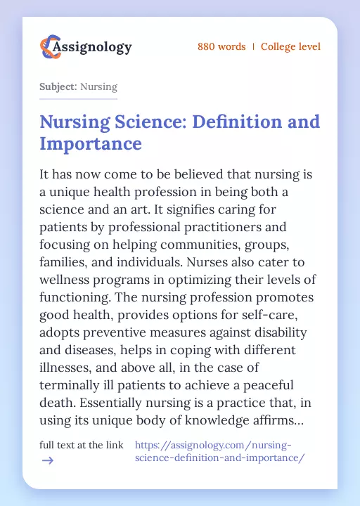 Nursing Science: Definition and Importance - Essay Preview