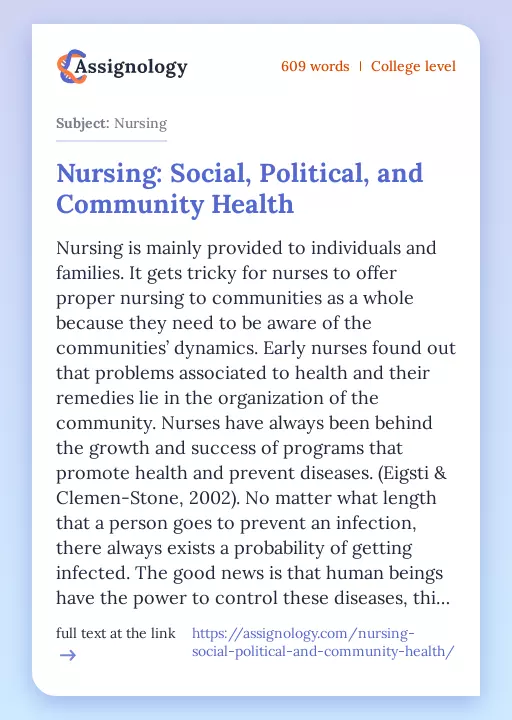 Nursing: Social, Political, and Community Health - Essay Preview