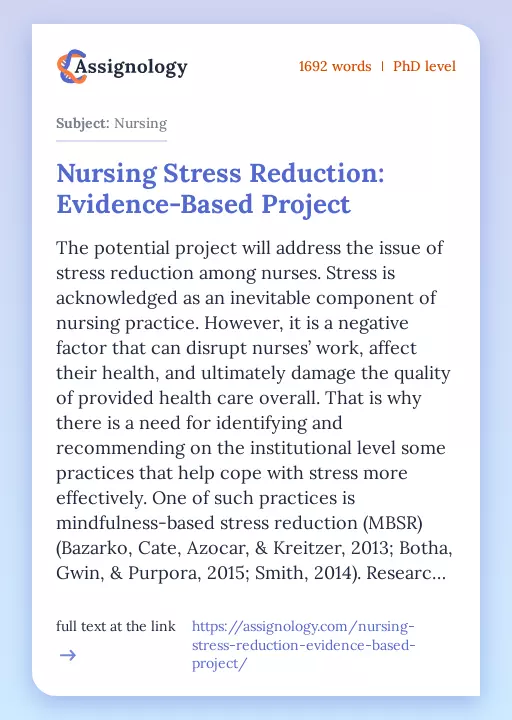 Nursing Stress Reduction: Evidence-Based Project - Essay Preview