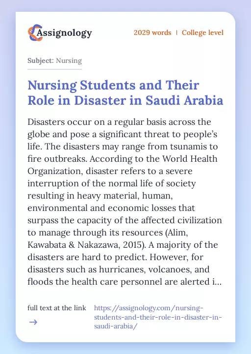 Nursing Students and Their Role in Disaster in Saudi Arabia - Essay Preview