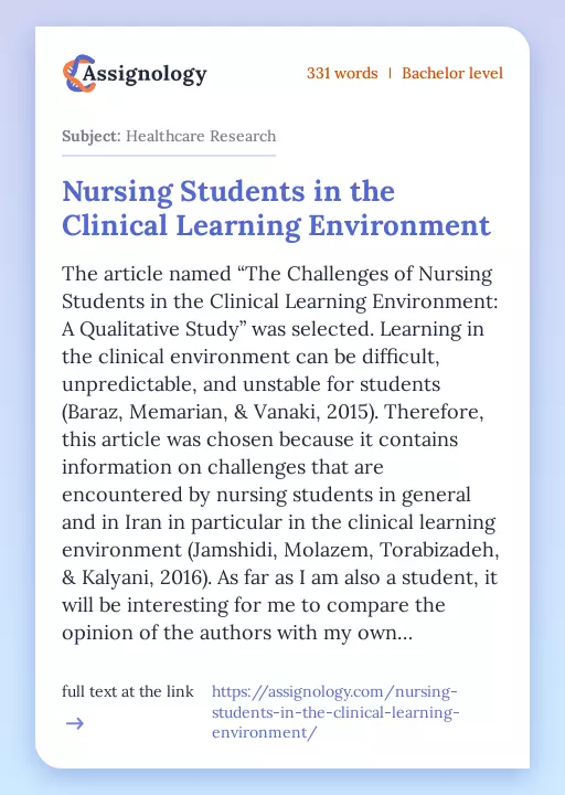 Nursing Students in the Clinical Learning Environment - Essay Preview