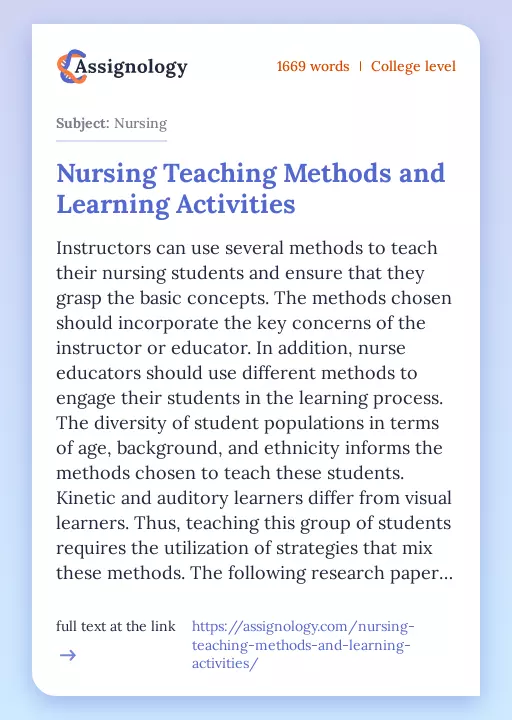 Nursing Teaching Methods and Learning Activities - Essay Preview